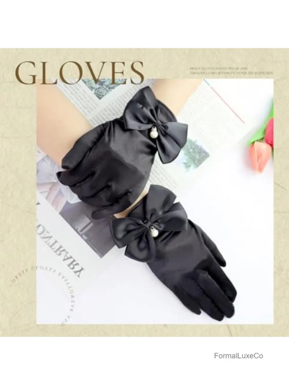 Satin Bow Pearl Wrist Length Dress Gloves for Women Wedding Opera Tea Party
